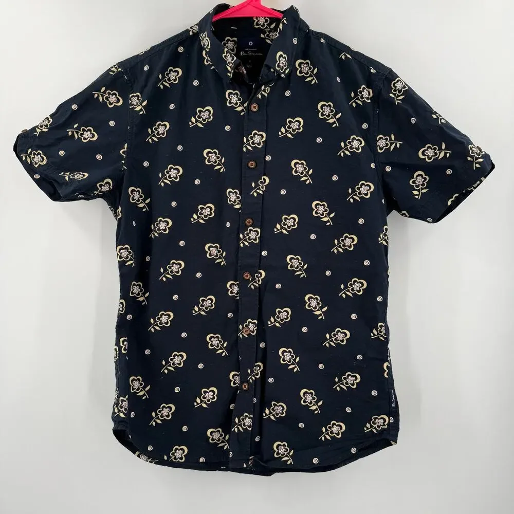 Ben Sherman Neps Shirt Small Floral Print Button Down Navy Cotton Short Sleeve - Picture 13 of 13